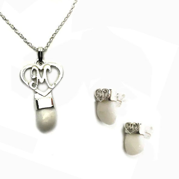 conjunto corazon collar letra y pendientes corazon letra en perla venado con plata 1