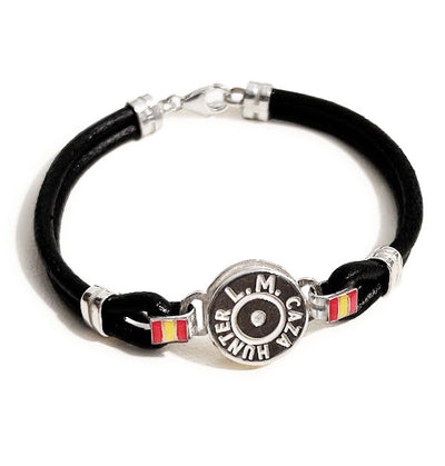 pulsera replica culata bala con cuero y bandera España en plata